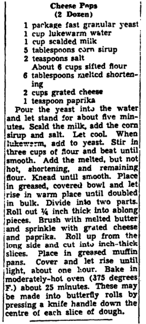 A recipe for cheese pops, Trenton Evening Times newspaper article 11 June 1942