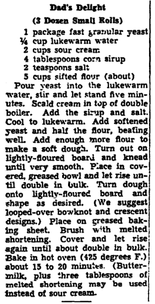 A recipe for dinner rolls, Trenton Evening Times newspaper article 11 June 1942