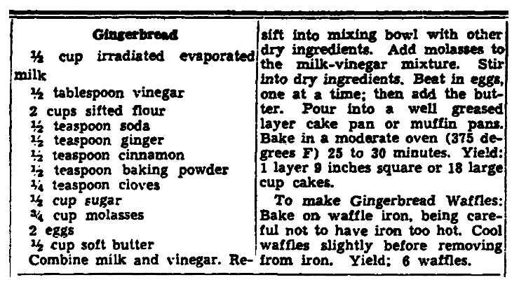 A recipe for gingerbread, Trenton Evening Times newspaper article 11 June 1942