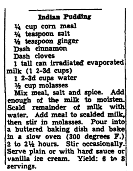 A recipe for Indian pudding, Trenton Evening Times newspaper article 11 June 1942