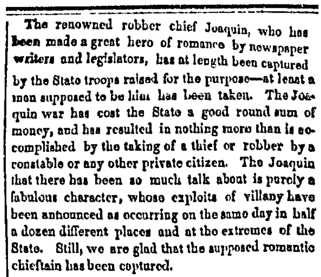 An article about Joaquin Murietta, Alta California newspaper article 1 August 1853