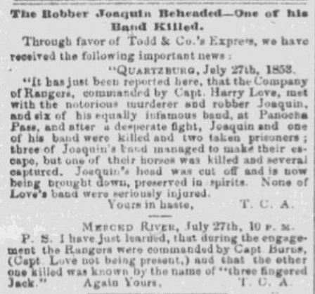 An article about Joaquin Murietta, Daily Placer Times and Transcript newspaper article 29 July 1853