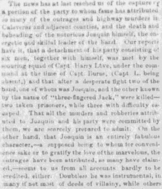 An article about Joaquin Murietta, Daily Placer Times and Transcript newspaper article 30 July 1853