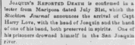 An article about Joaquin Murietta, Daily Placer Times and Transcript newspaper article 5 August 1853