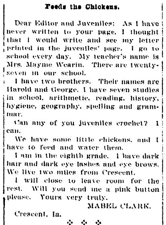 Letters to the editor written by children, Evening Nonpareil newspaper article 15 April 1917