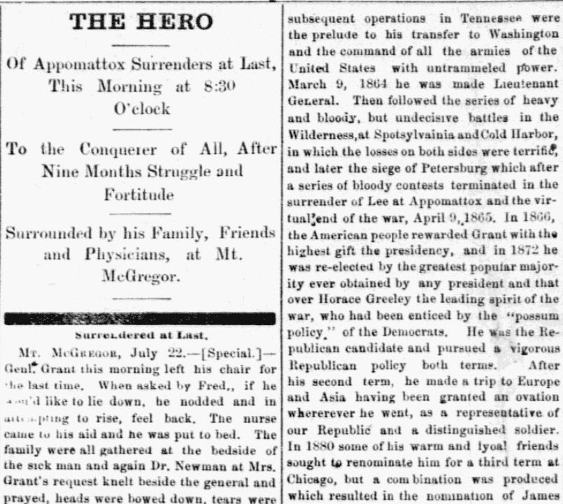 An article about the death of President Ulysses S. Grant, Grand Forks Daily Herald newspaper article 23 July 1885