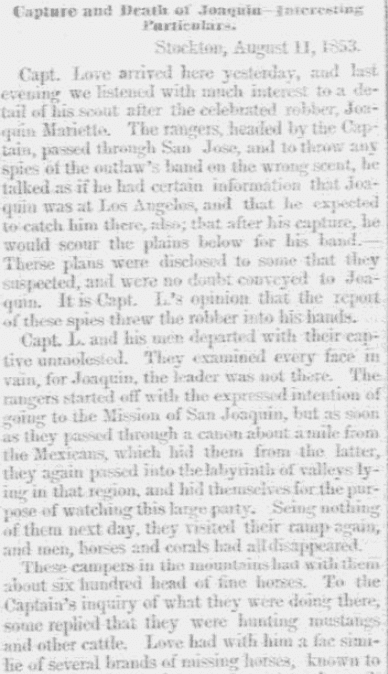 An article about Joaquin Murietta, Milwaukee Sentinel newspaper article 16 September 1853