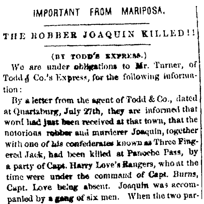 An article about Joaquin Murietta, San Francisco Evening Journal newspaper article 29 July 1853