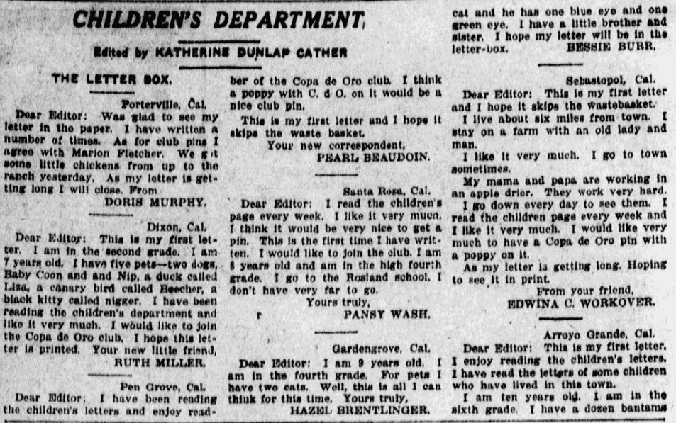 Letters to the editor written by children, San Jose Mercury News newspaper article 15 November 1914