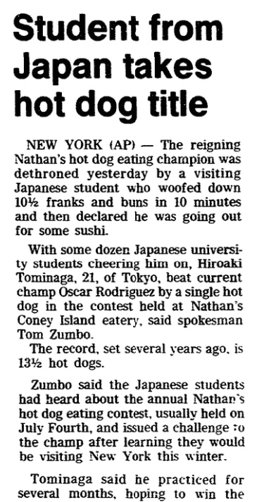 An article about an eating contest, Trenton Evening Times newspaper article 13 February 1986