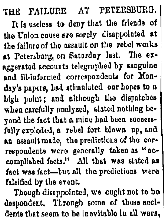 An article about the Battle of the Crater during the Civil War, Trenton State Gazette newspaper article 4 August 1864