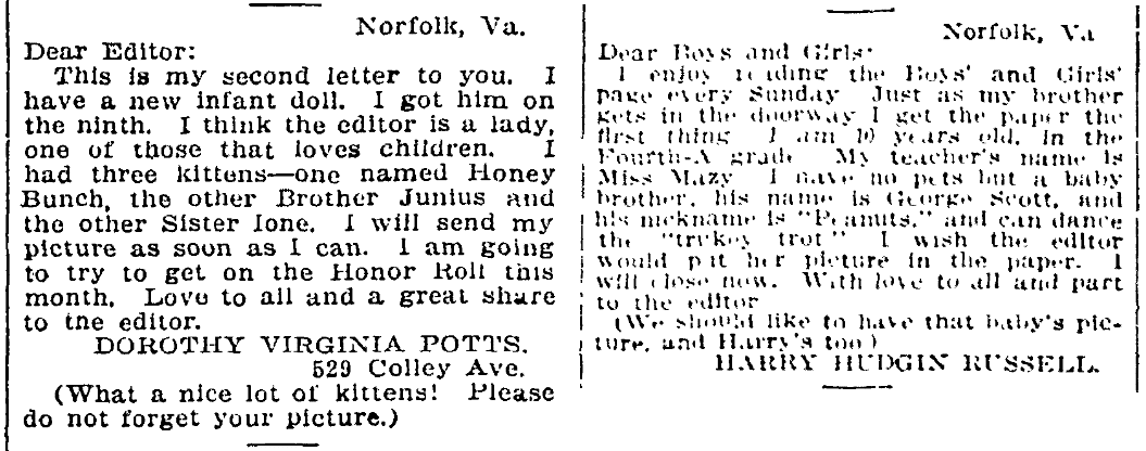 Letters to the editor written by children, Virginian-Pilot newspaper article 1 December 1912