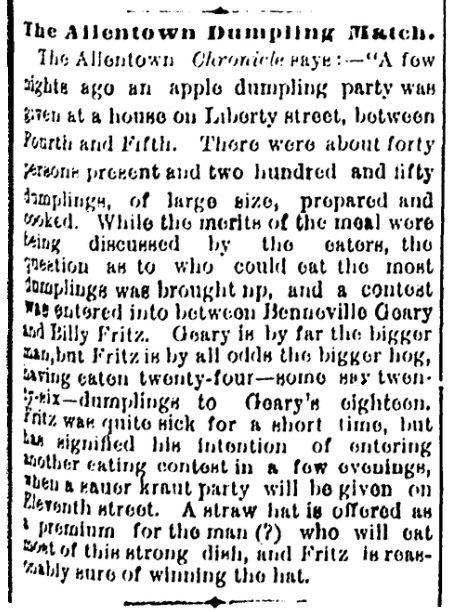 An article about an eating contest, Wilmington Daily Commercial newspaper article 18 December 1876