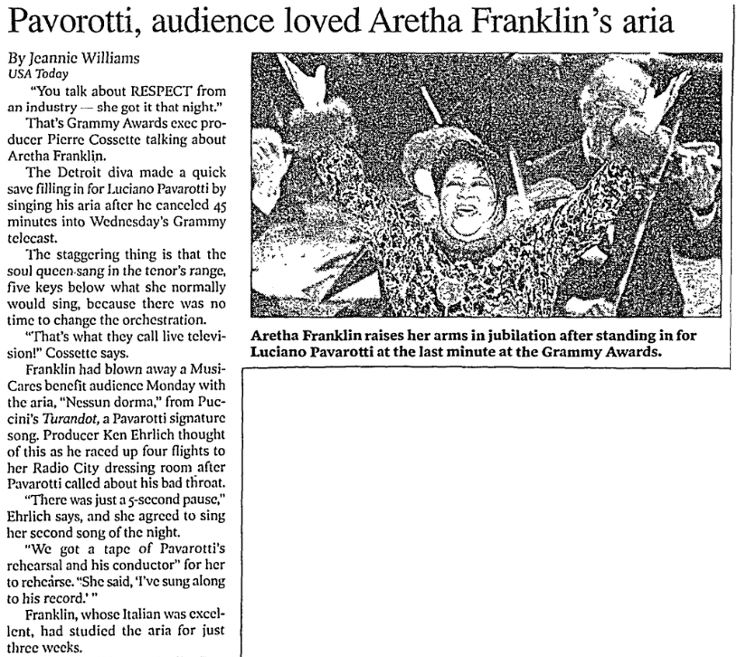 An article about Aretha Franklin, Detroit News newspaper article 28 February 1998