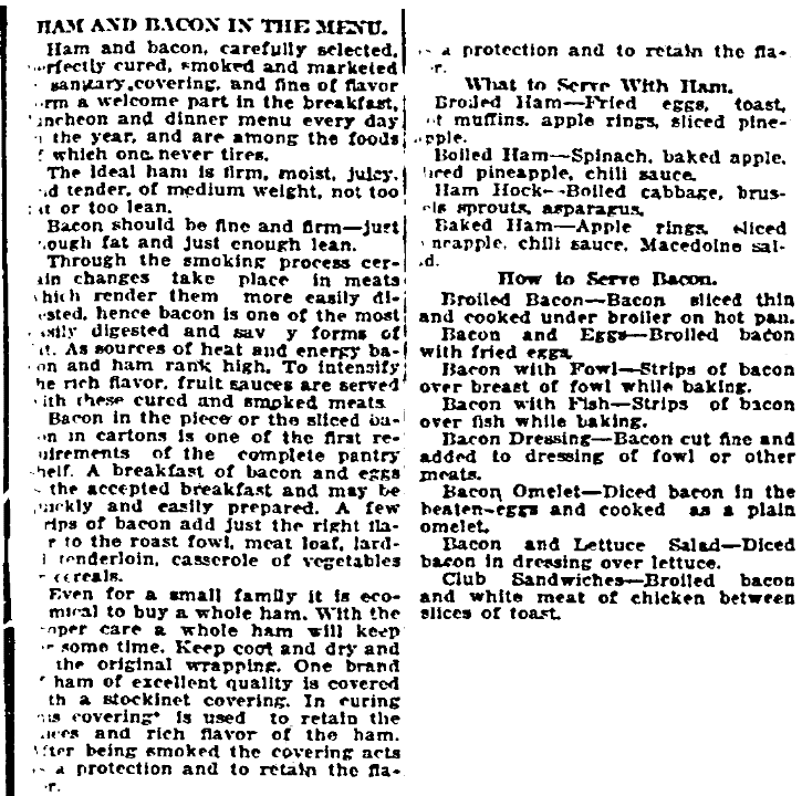 An article about ham and bacon, Grand Forks Daily Herald newspaper article 10 April 1920