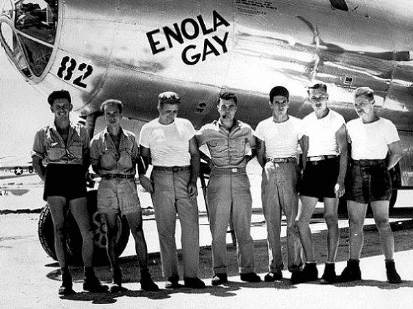 Photo: the Enola Gay dropped the "Little Boy" atomic bomb on Hiroshima. In this photograph are members of the aircraft's ground crew with mission commander Paul Tibbets in the center. Credit: U.S. Air Force; Wikimedia Commons.