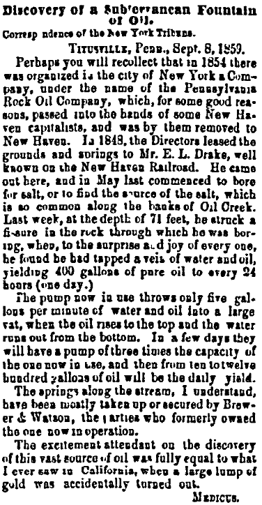 An article about Edwin Drake and his successful oil well, Sandusky Register newspaper article 16 September 1859