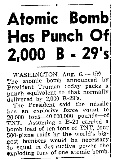 An article about the atomic bombing of Hiroshima, Japan, during WWII, Seattle Daily Times newspaper article 6 August 1945