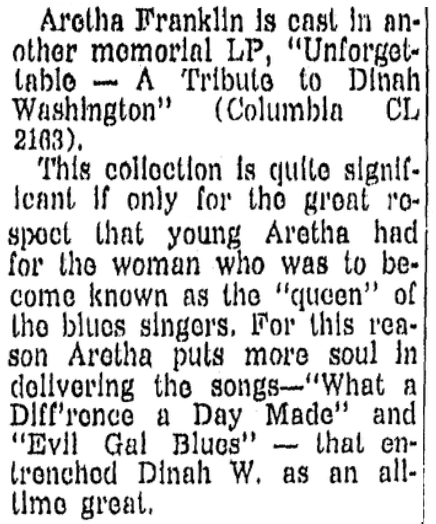 An article about Aretha Franklin, State Times Advocate newspaper article 6 May 1964