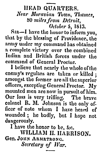 An article about the Battle of the Thames during the War of 1812, American and Commercial Daily Advertiser newspaper article 18 October 1813