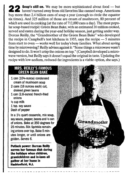 An article about green bean casserole, Bellingham Herald newspaper article 10 November 1996