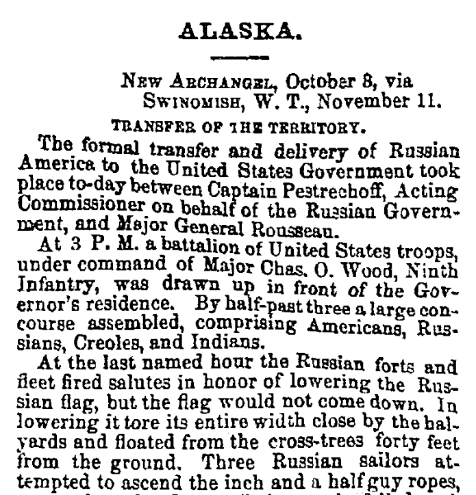 An article about the transfer of Alaska from Russia to the United States, Cincinnati Daily Gazette newspaper article 14 November 1867