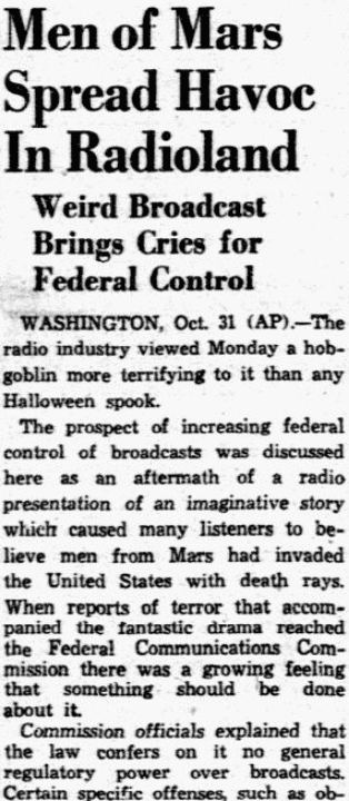 An article about Orson Welles' "War of the Worlds" radio broadcast, Dallas Morning News newspaper article 1 November 1938