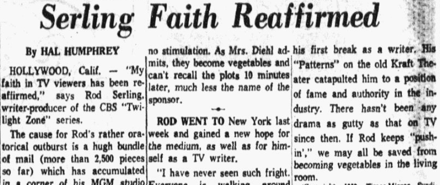 An article about Rod Serling and "The Twilight Zone," Dallas Morning News newspaper article 15 December 1959