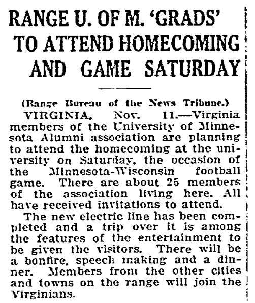 An article about homecoming, Duluth News-Tribune newspaper article 12 November 1914