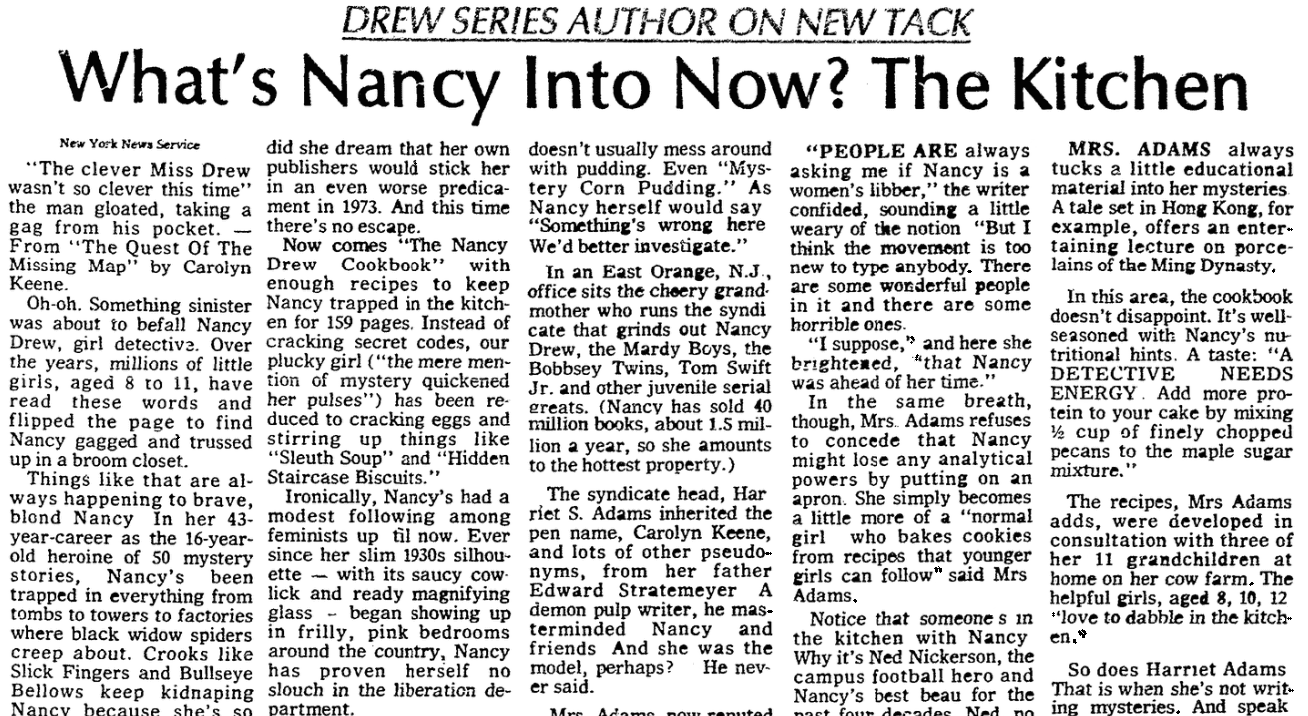 An article about the Nancy Drew cookbook, Evening Star newspaper article 15 August 1973