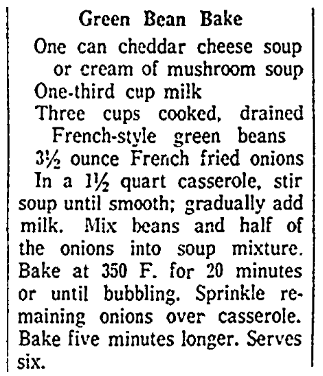 A recipe for green bean casserole, Jersey Journal newspaper article 15 January 1964