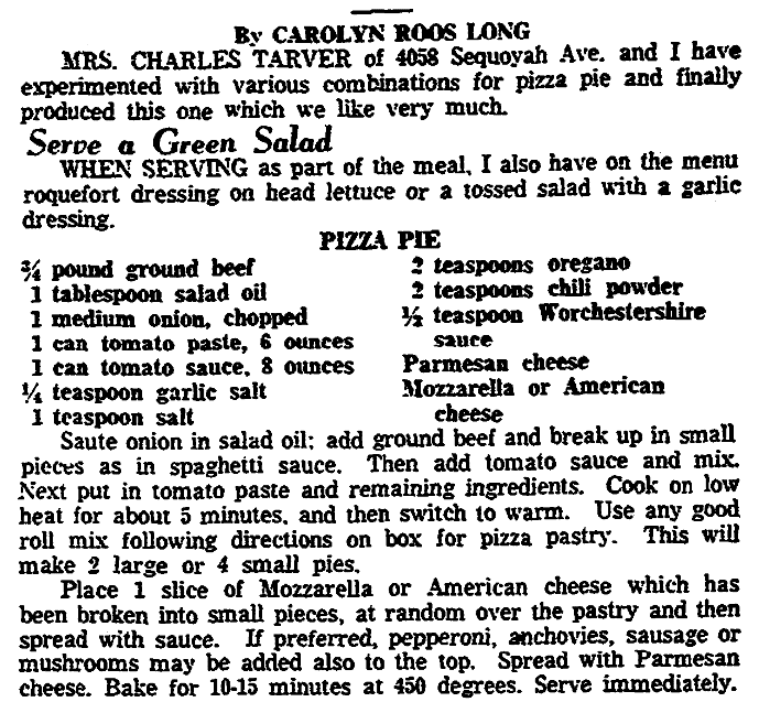 A pizza recipe, Knoxville News-Sentinel newspaper article 18 February 1960