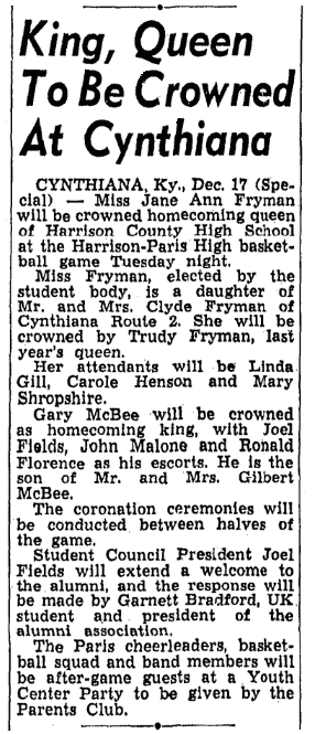 An article about homecoming, Lexington Leader newspaper article 18 December 1955