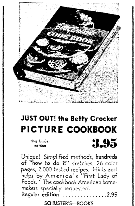 An ad for the Betty Crocker cookbook, Milwaukee Journal Sentinel newspaper advertisement 7 September 1950