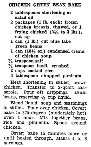 A recipe for green bean casserole, Newark Star-Ledger newspaper article 18 March 1964