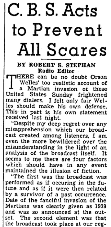 An article about Orson Welles' "War of the Worlds" radio broadcast, Plain Dealer newspaper article 1 November 1938