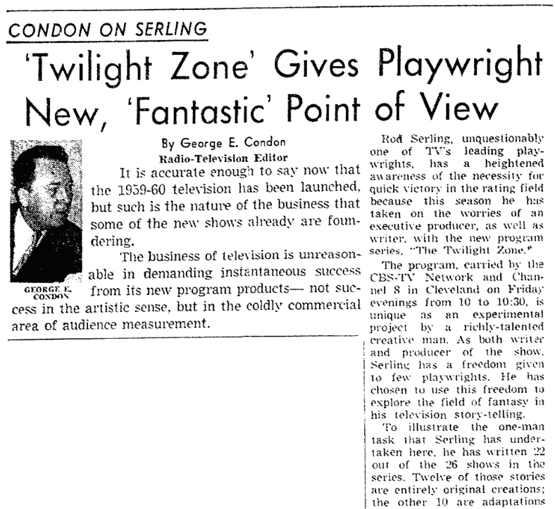 An article about Rod Serling and "The Twilight Zone," Plain Dealer newspaper article 8 November 1959