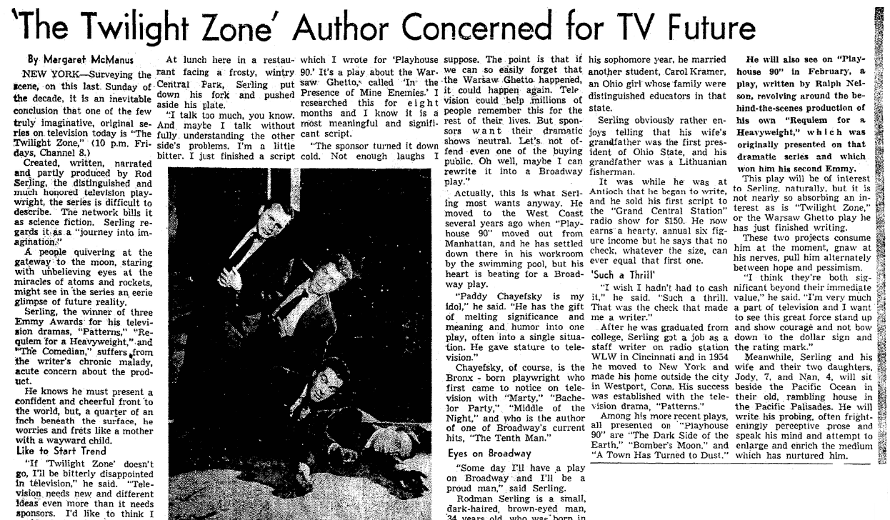 An article about Rod Serling and "The Twilight Zone," Plain Dealer newspaper article 27 December 1959