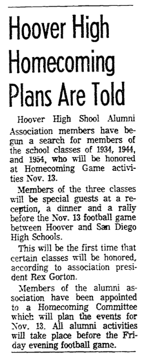 An article about homecoming, San Diego Union newspaper article 8 October 1964