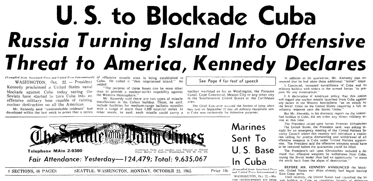 An article about the Cuban Missile Crisis, Seattle Daily Times newspaper article 22 October 1962