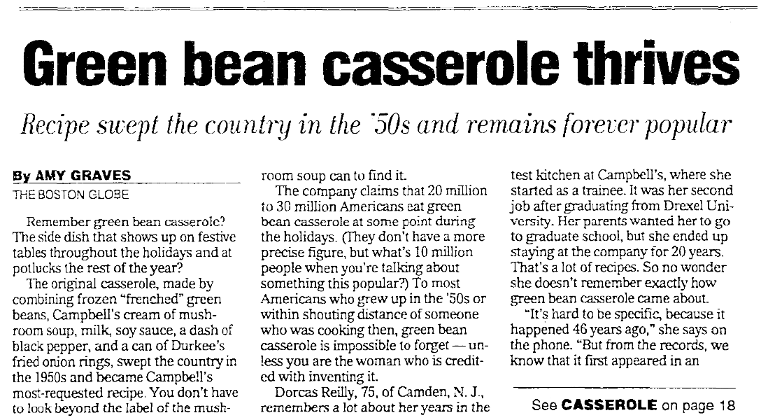An article about green bean casserole, State Journal-Register newspaper article 12 December 2001