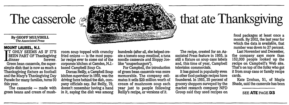 An article about green bean casserole, State newspaper article 22 November 2005