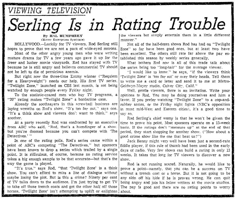 An article about Rod Serling and "The Twilight Zone," Times-Picayune newspaper article 22 November 1959