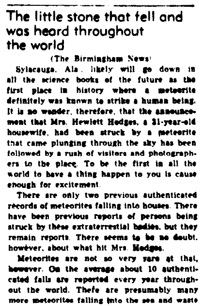 An article about a meteorite, Augusta Chronicle newspaper article 6 December 1954