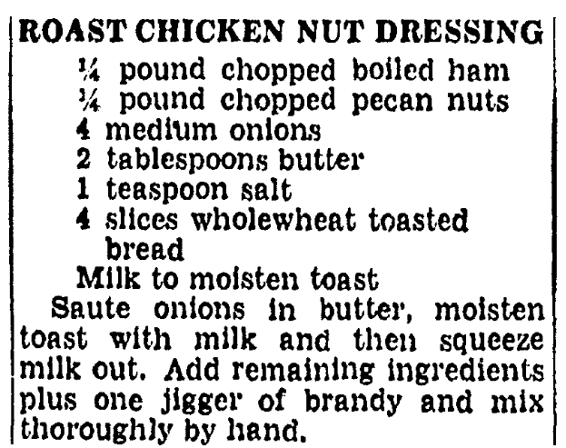 A recipe for road chicken nut dressing, Boston Herald newspaper article 2 November 1940