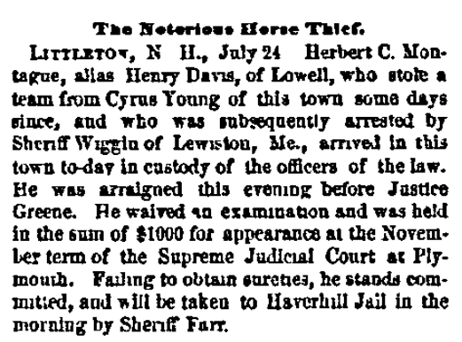 An article about a horse thief, Boston Journal newspaper article 25 July 1872