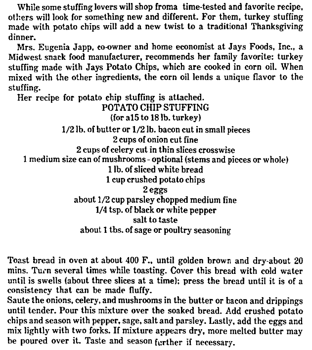 A recipe for stuffing, Chicago Metro News newspaper article 8 November 1980