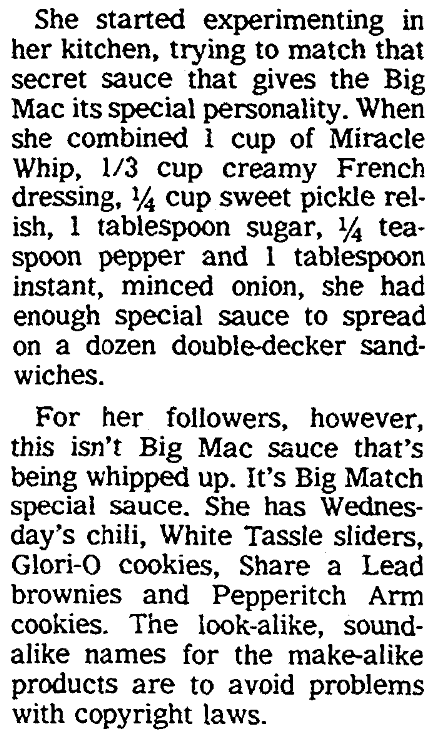 An article about the "secret sauce" used on McDonald's Big Mac hamburger, Columbus Daily Enquirer newspaper article 2 May 1985