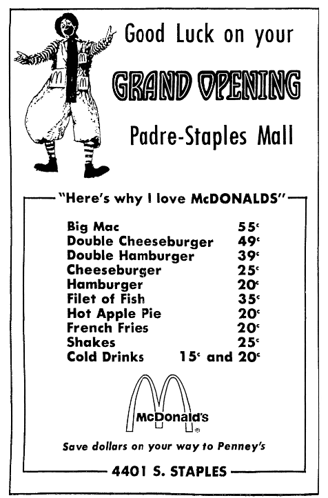 An ad for a McDonald's restaurant, Corpus Christi Times newspaepr advertisement 31 July 1970