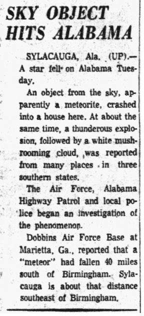 An article about a meteorite, Dallas Morning News newspaper article 1 December 1954